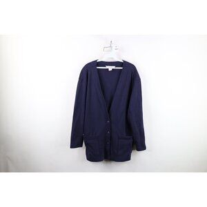 Vintage 90s Lands End Womens Large Faded Blank Cardigan Sweater Navy Blue Cotton